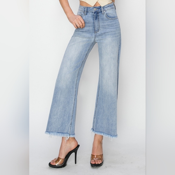 RISEN High-Rise Waist Pants Wide Leg Cropped Frayed Hem Boyfriend Denim Jeans - Picture 11 of 15